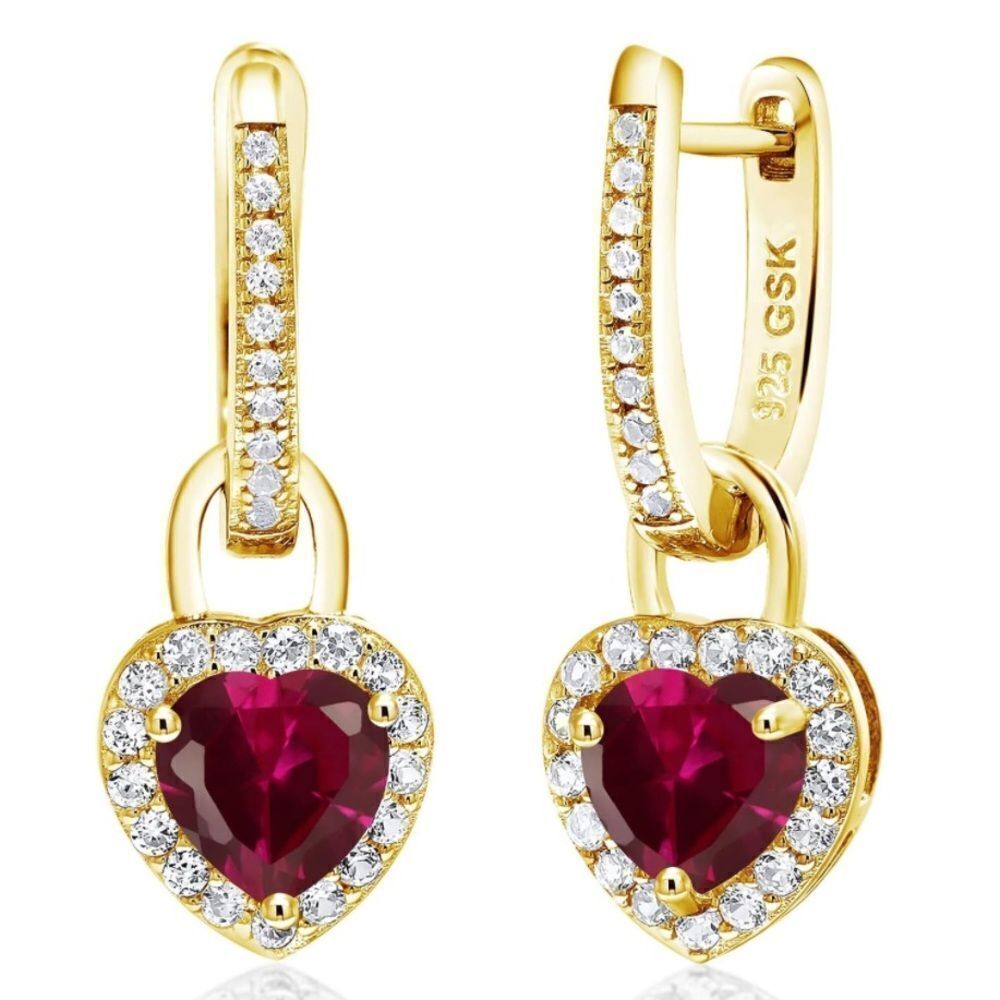 18K Yellow Gold 925 with 2.42 Cttw Red Ruby and White Sapphire Heart Earrings
